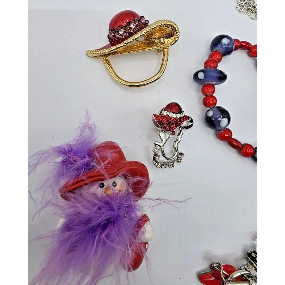 Red Hat Society Mixed jewelry Lot of‎ 5 Brooch Pins x3 Glass Necklace *Bracelet*